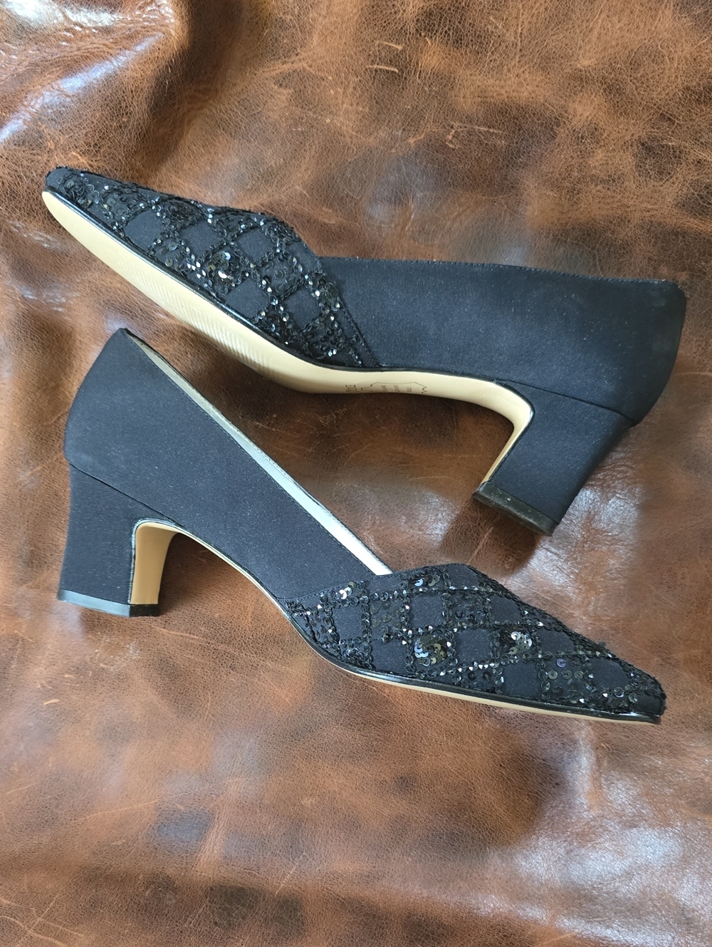 Black Sequin Mid-Heel Pumps - Women